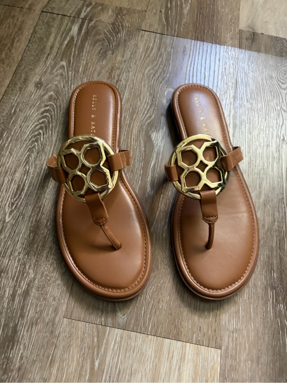 Kelly & Katie Cognac Brown Leather Thong Sandals with Gold Medallion